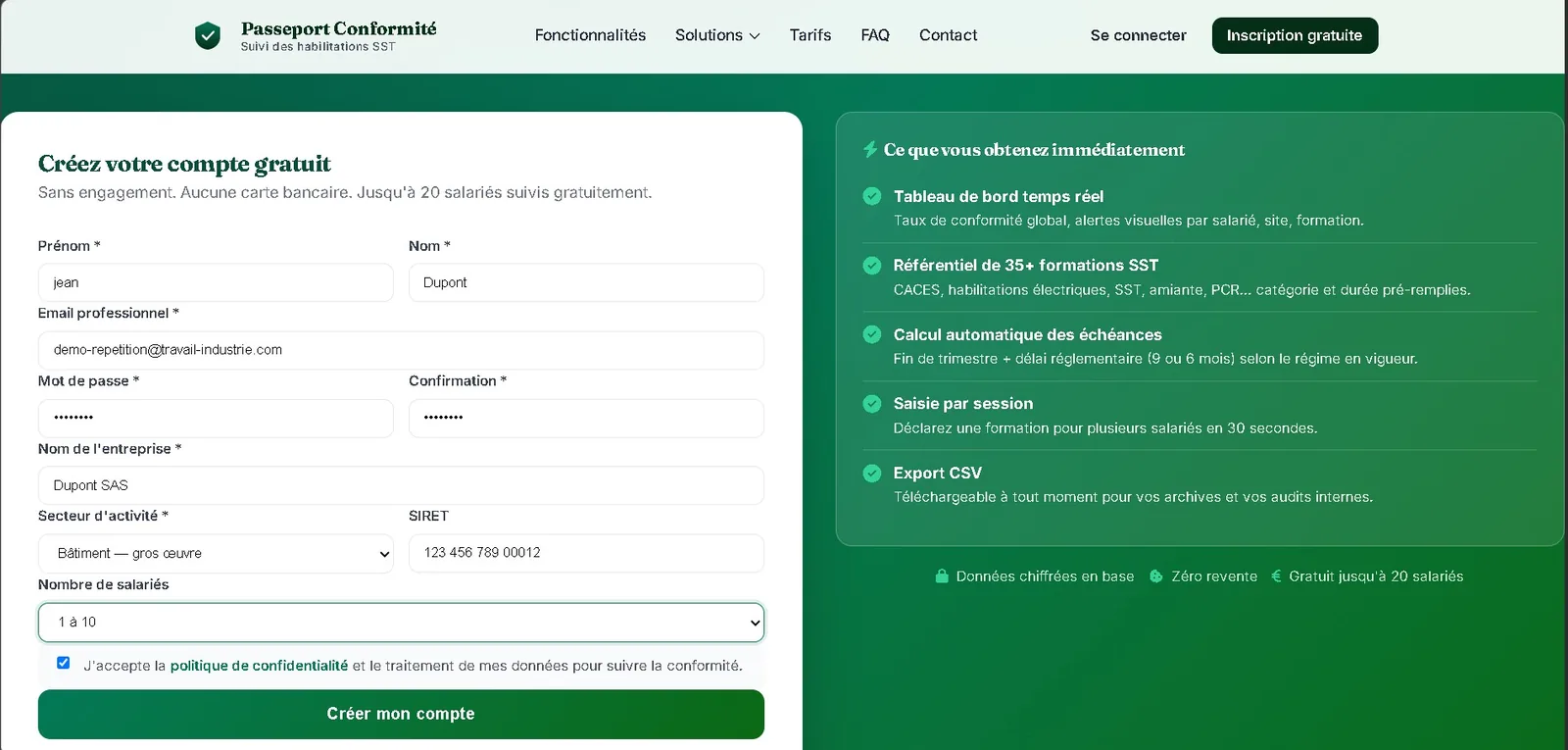 Formulaire de création de compte Passeport Conformité rempli pour Dupont SAS
