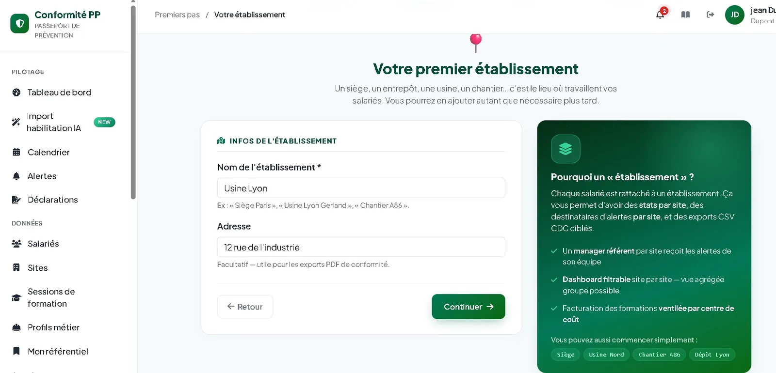 Écran « Votre premier établissement » avec le site Usine Lyon