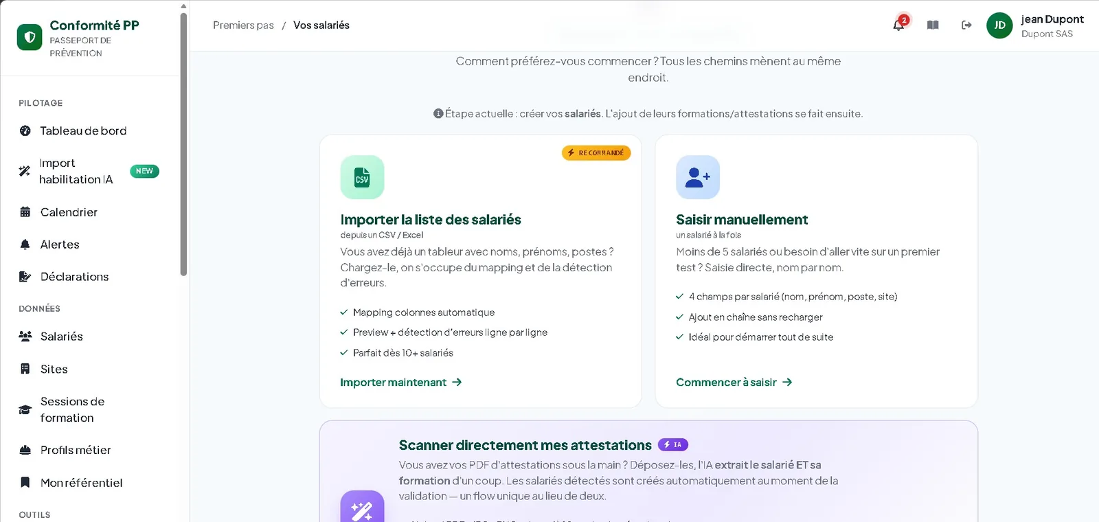 Choix de la méthode d'ajout des salariés : import CSV, saisie manuelle ou scan des attestations