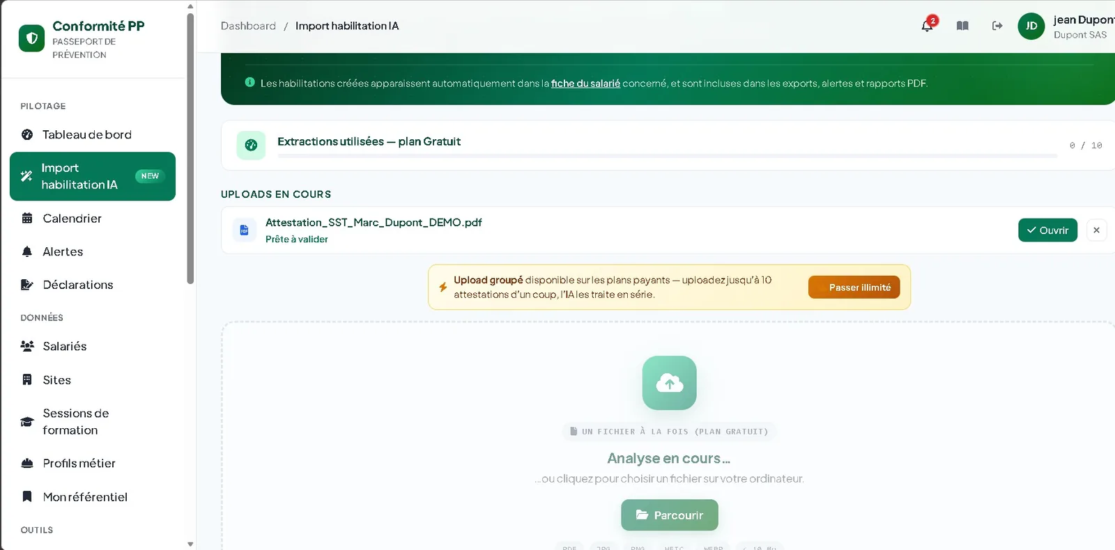 Écran Import habilitation IA avec le fichier Attestation_SST_Marc_Dupont_DEMO.pdf prêt à valider